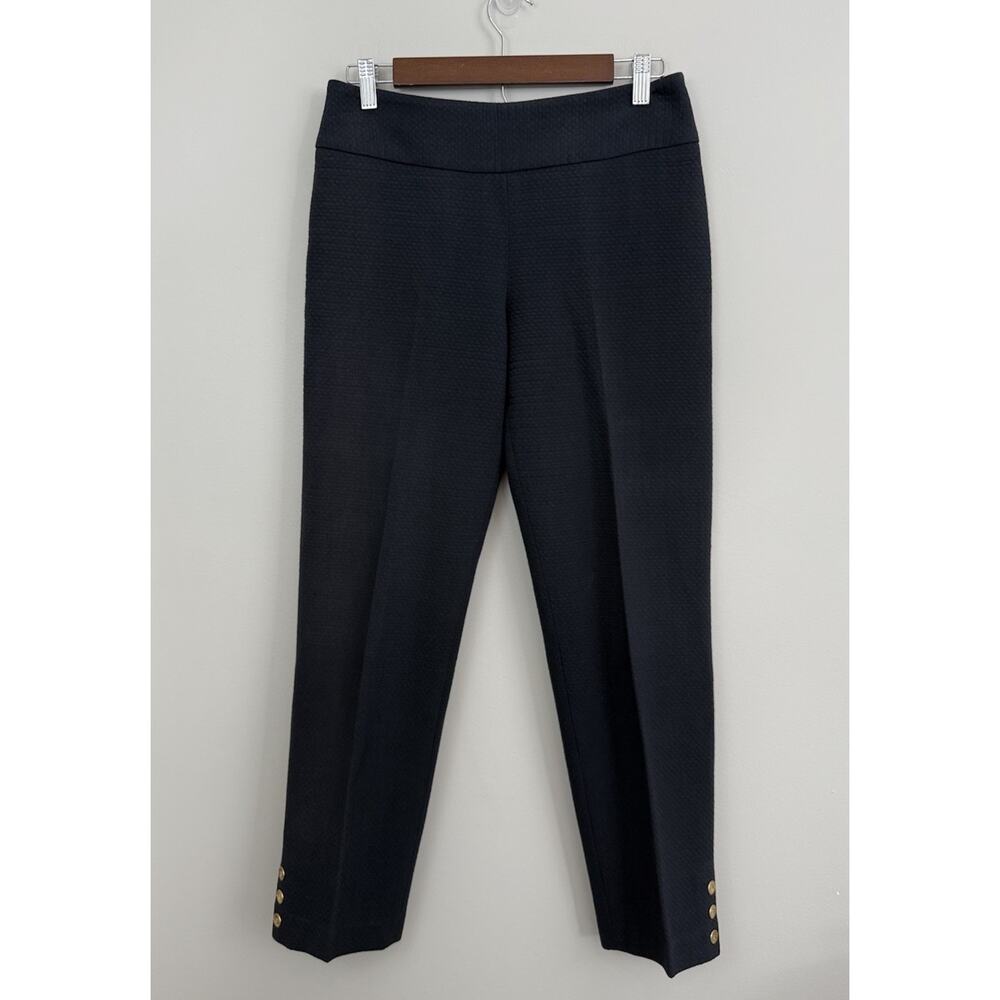 J McLaughlin Women’s Navy Textured Cotton Pants Sz 4 Gold Button Trim Ankle